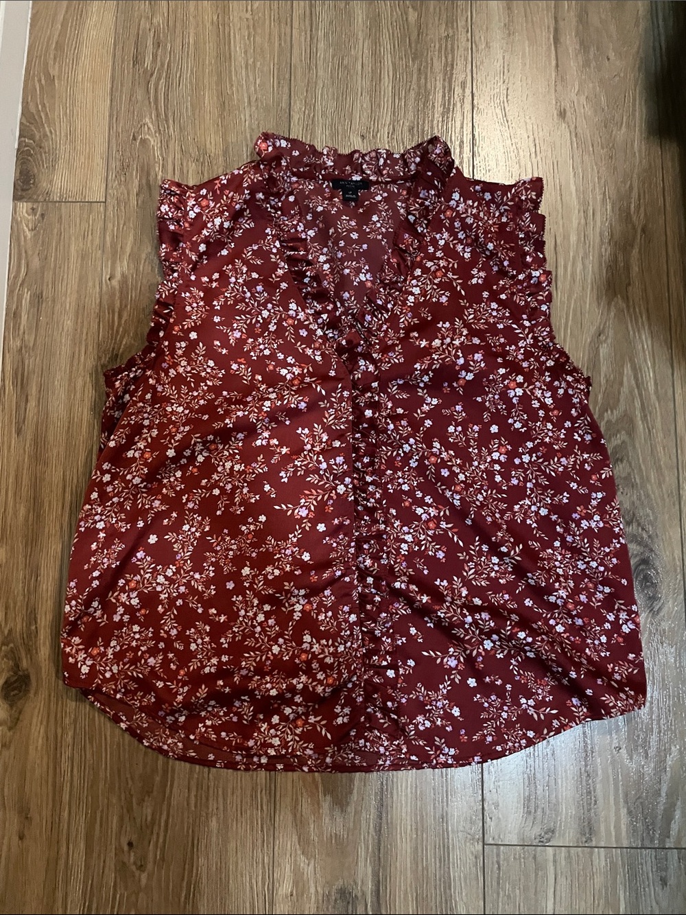 Ann Taylor Burgundy Floral Ruffle Sleeveless Blouse